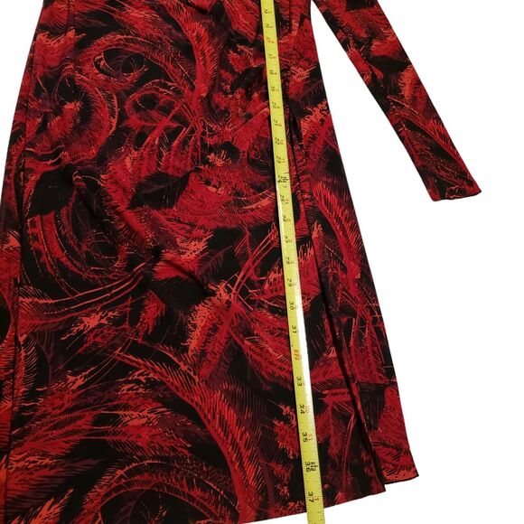 Norma Kamali Red Black Feather Print Size Small Faux Wrap Side Ruched Dress - Picture 9 of 9
